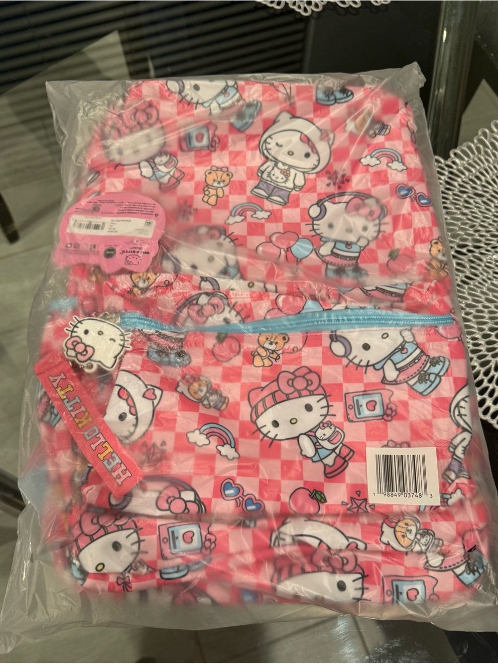 Hello Kitty Pink and Blue Checker Print Backpack 17" comes with keychain